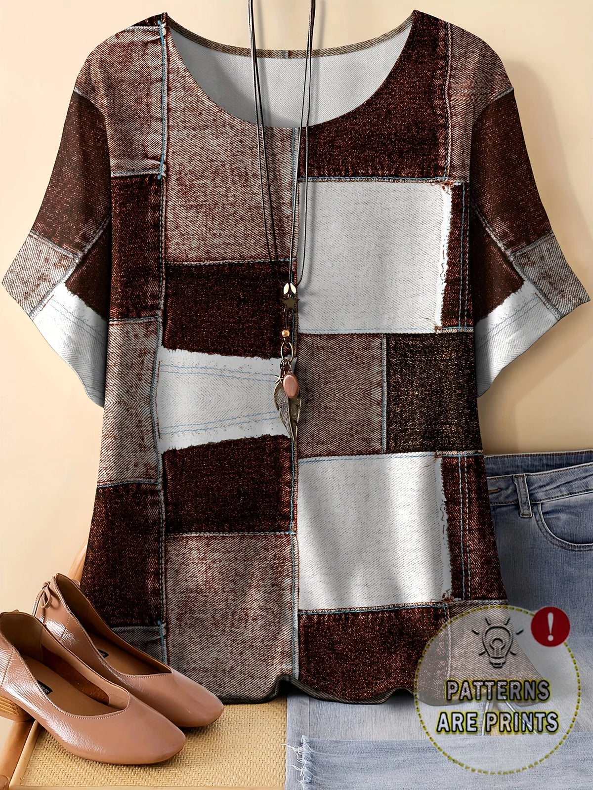 T-Shirt Donna Patchwork Effetto Denim, Scollo Tondo, Manica Corta – Stile Vintage Casual