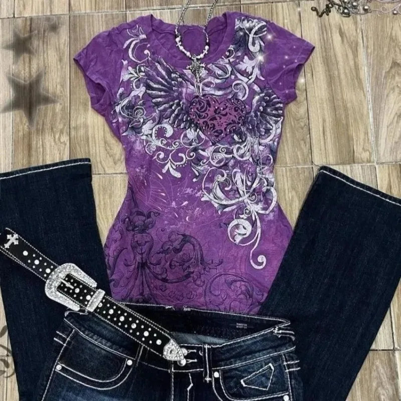 T-Shirt Donna Gothic Viola Vintage – Stile Y2K Punk Slim Fit