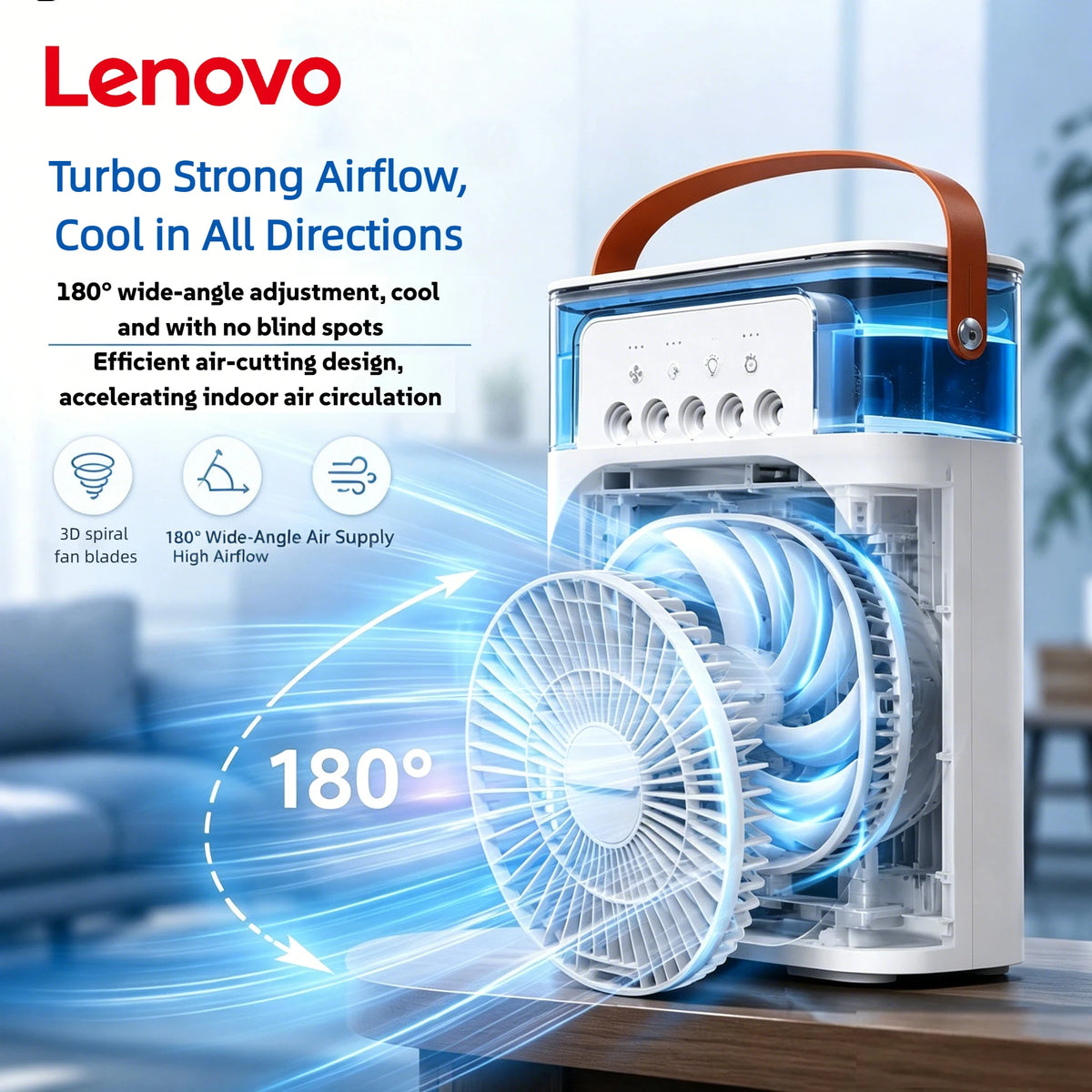 Lenovo Ventilatore Condizionatore USB 5 Fori - Raffreddamento Portatile con Umidificatore e Luce LED