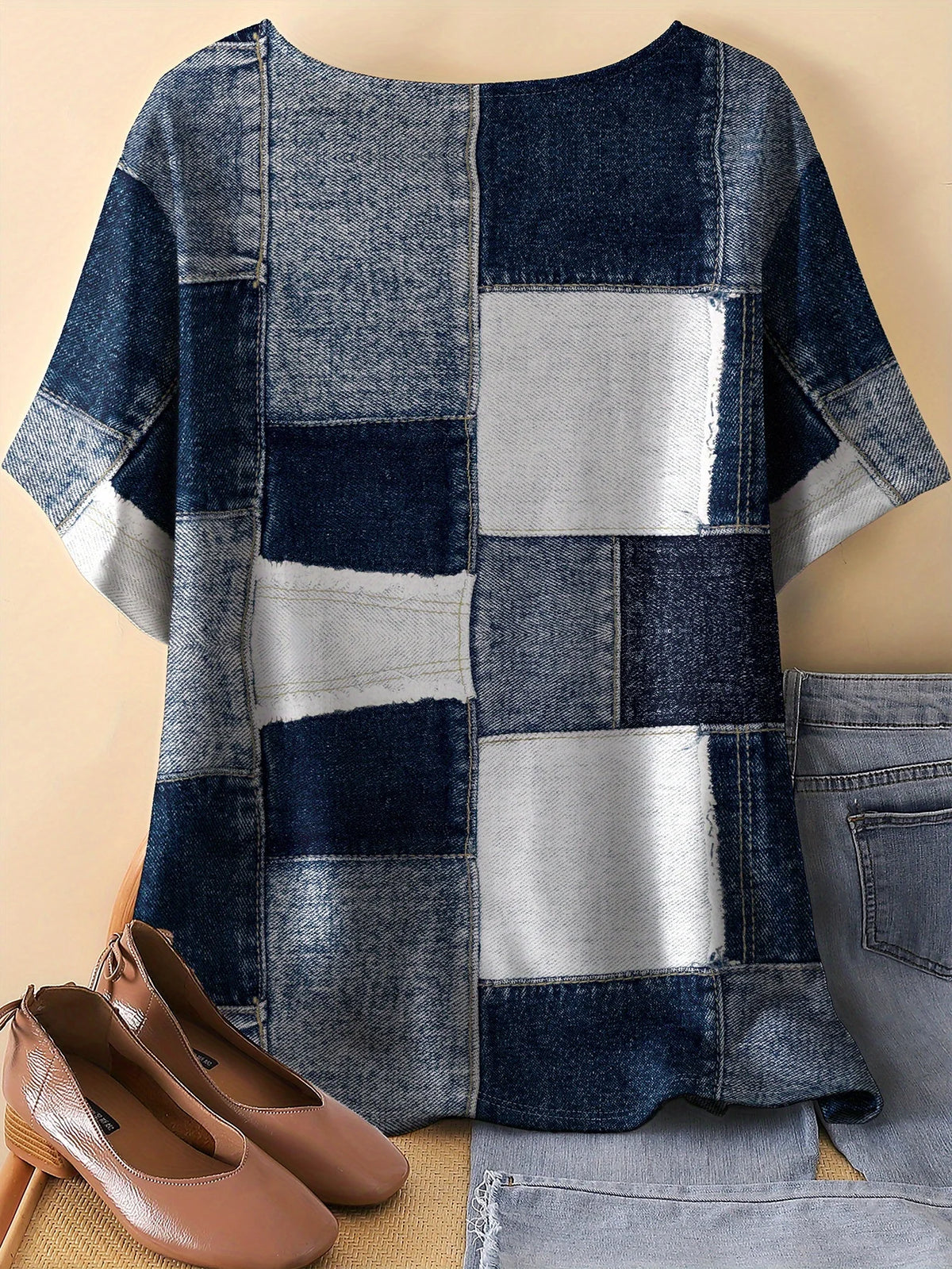 T-Shirt Donna Patchwork Effetto Denim, Scollo Tondo, Manica Corta – Stile Vintage Casual