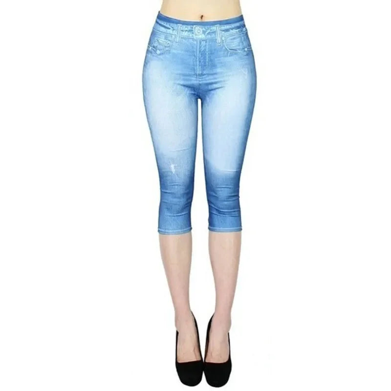 Leggings Donna Effetto Denim con Stampa, Vita Alta, Elasticizzati – Jogging e Moda