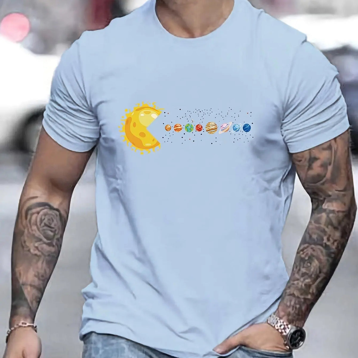 Men's 100% Pure Cotton Summer Loose and Comfortable Casual Solar System Planets Printed Round Neck Short-Sleeved T-Shirt Top