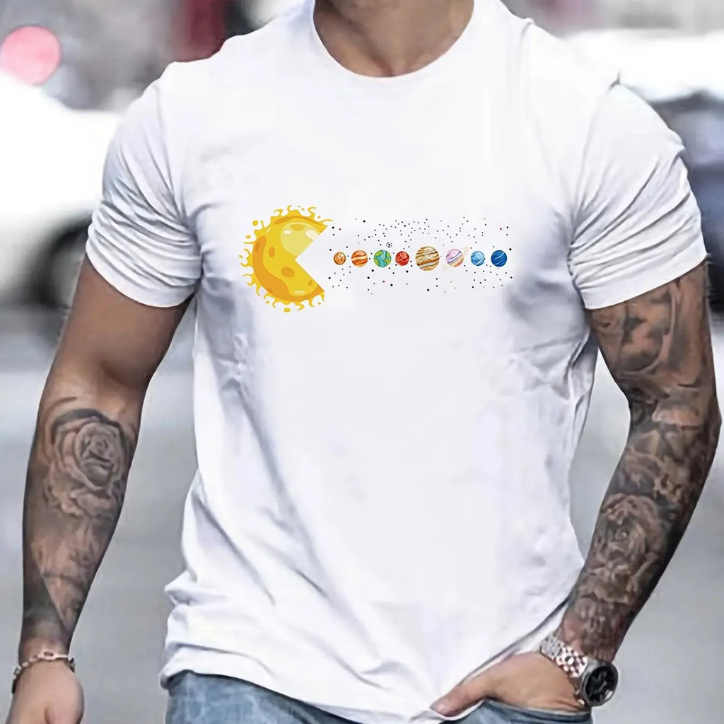 Men's 100% Pure Cotton Summer Loose and Comfortable Casual Solar System Planets Printed Round Neck Short-Sleeved T-Shirt Top