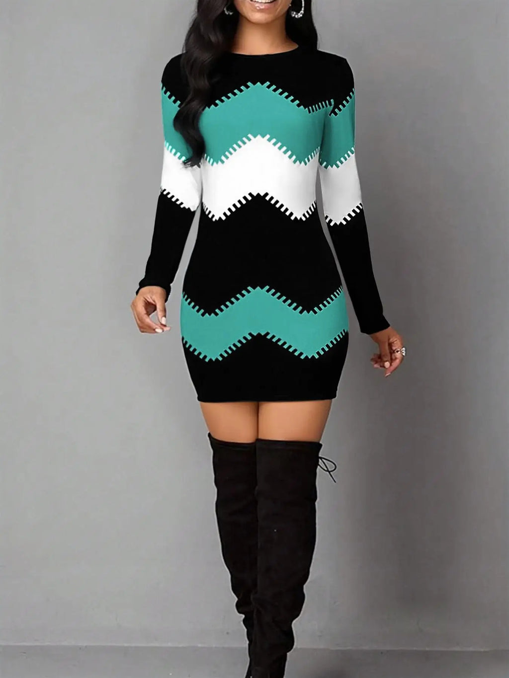 Women's Long Sleeve Geometric Print Dress - Casual Slim Fit Mini