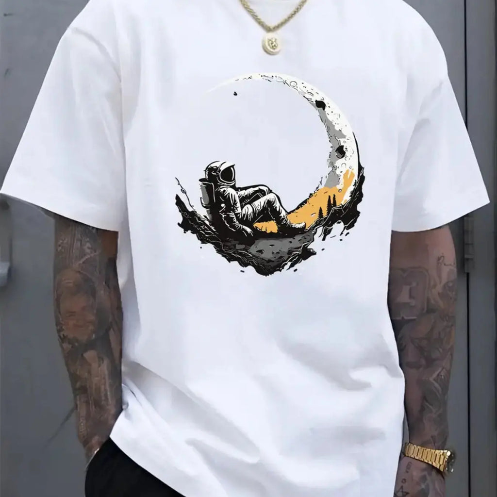Men's 100% Pure Cotton Summer Loose and Comfortable Casual Solar System Planets Printed Round Neck Short-Sleeved T-Shirt Top