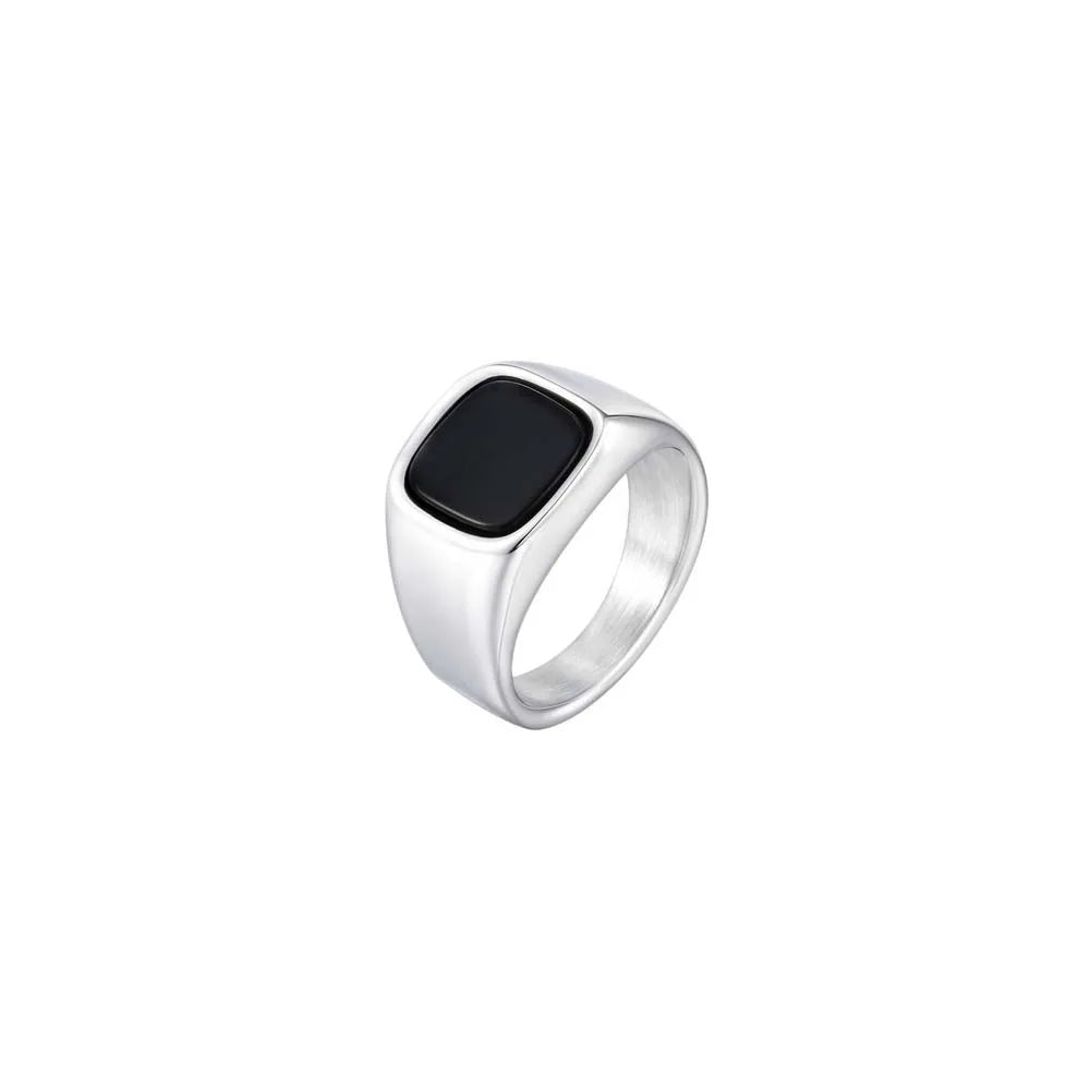 Anello Quadrato con Pietra Nera in Acciaio Inossidabile – Gioielli Retro da Festa