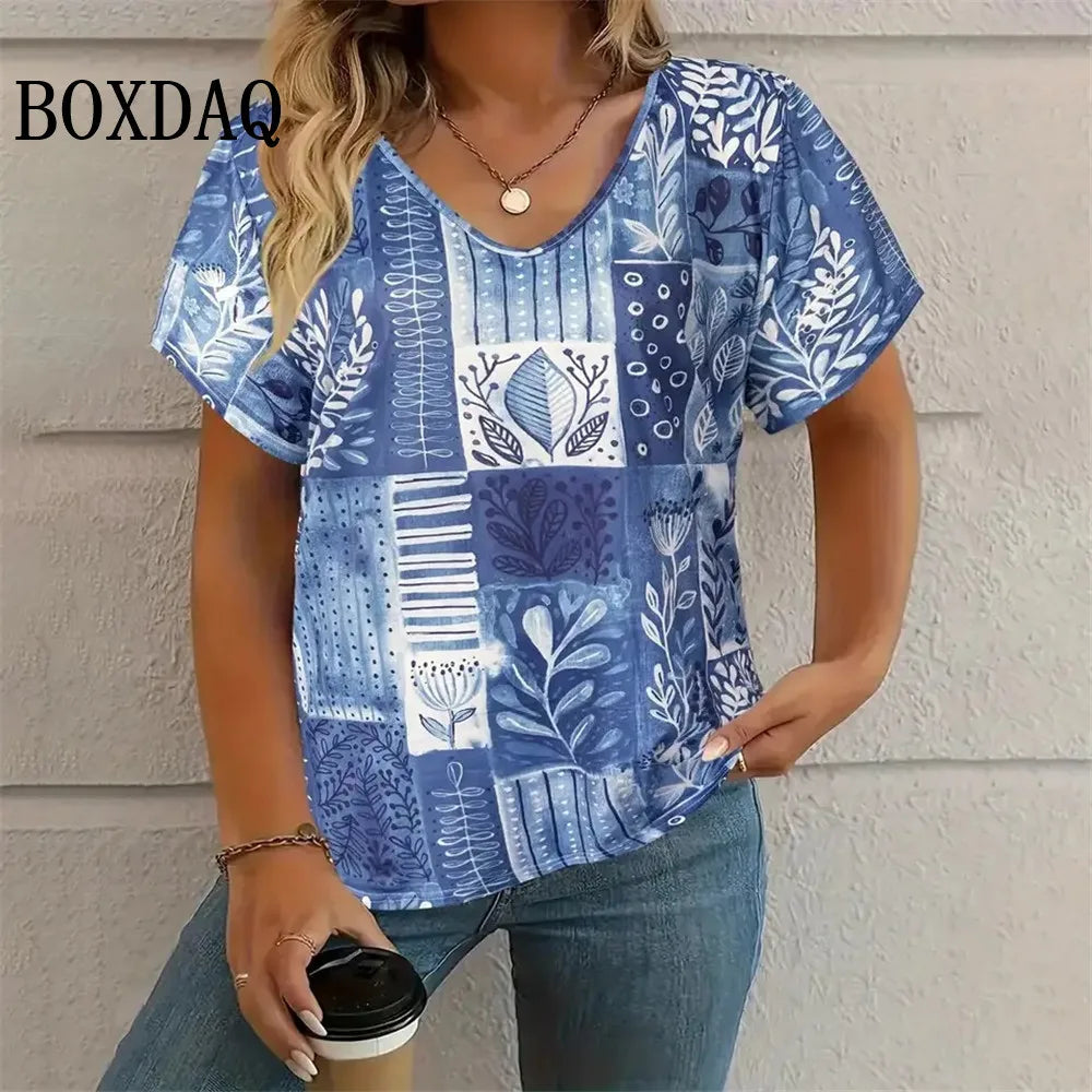 T-Shirt Donna Scollo a V, Manica Corta, Stampa Geometrica Vintage – Taglie Forti fino 8XL