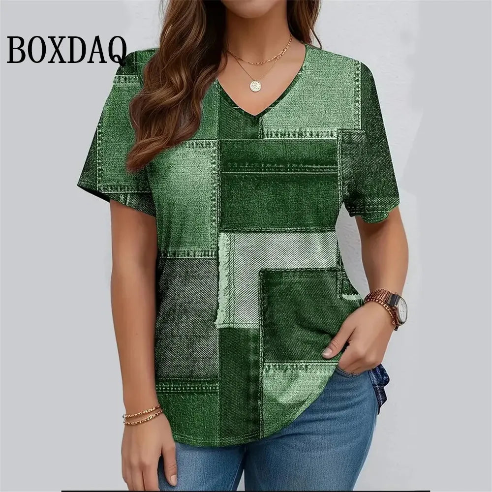 T-Shirt Donna Scollo a V, Manica Corta, Stampa Geometrica Vintage – Taglie Forti fino 8XL