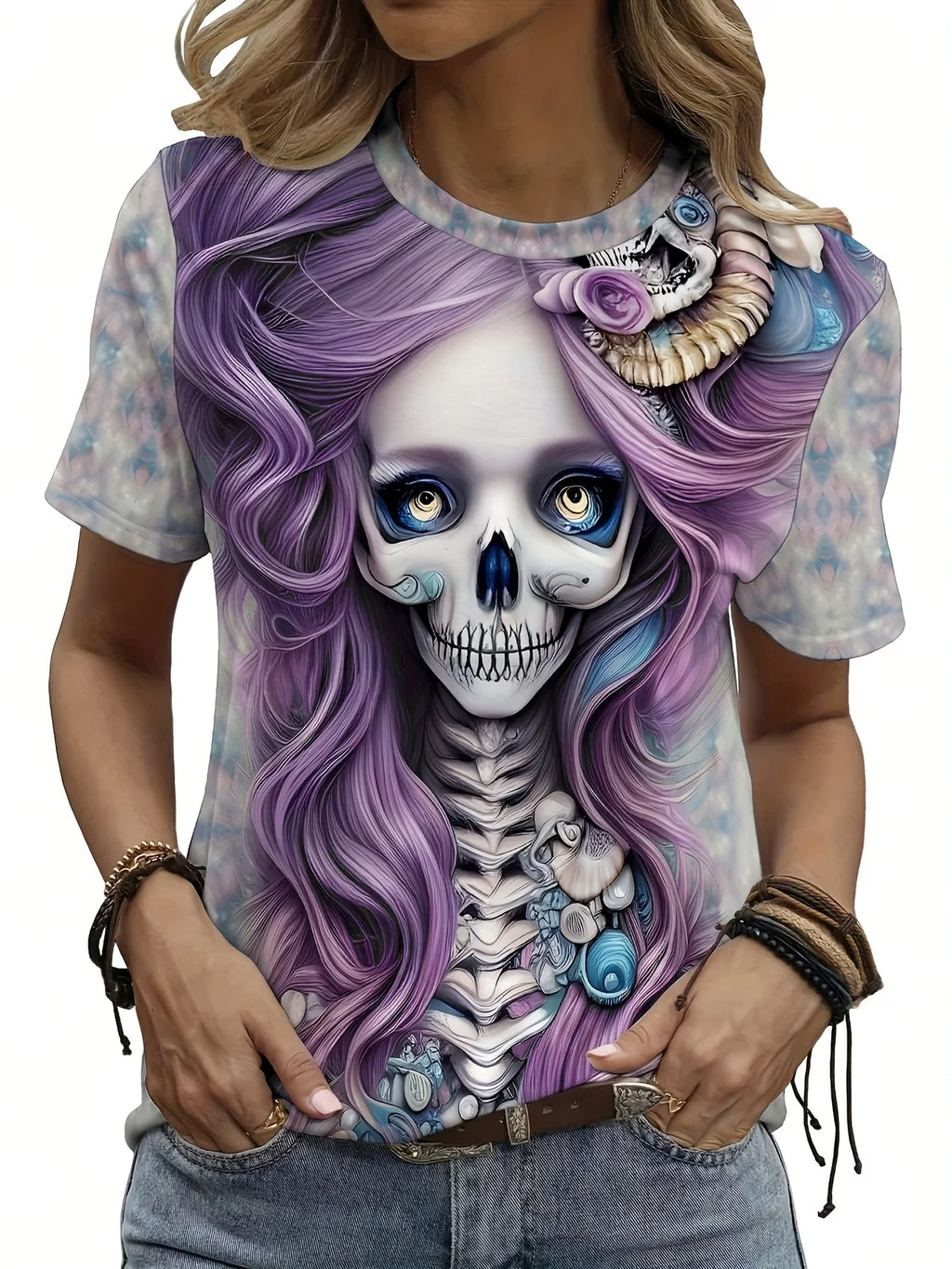 T-Shirt Donna Gothic con Stampa Teschio e Rose, Scollo Tondo, Manica Corta – Stile Dark Estivo