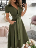 Vestito Midi a Maniche Corte con Scollo a V, Vita Annodata, Gonna A-Line con Tasche