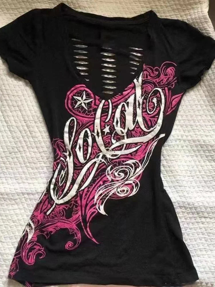 T-Shirt Donna Gothic Viola Vintage – Stile Y2K Punk Slim Fit