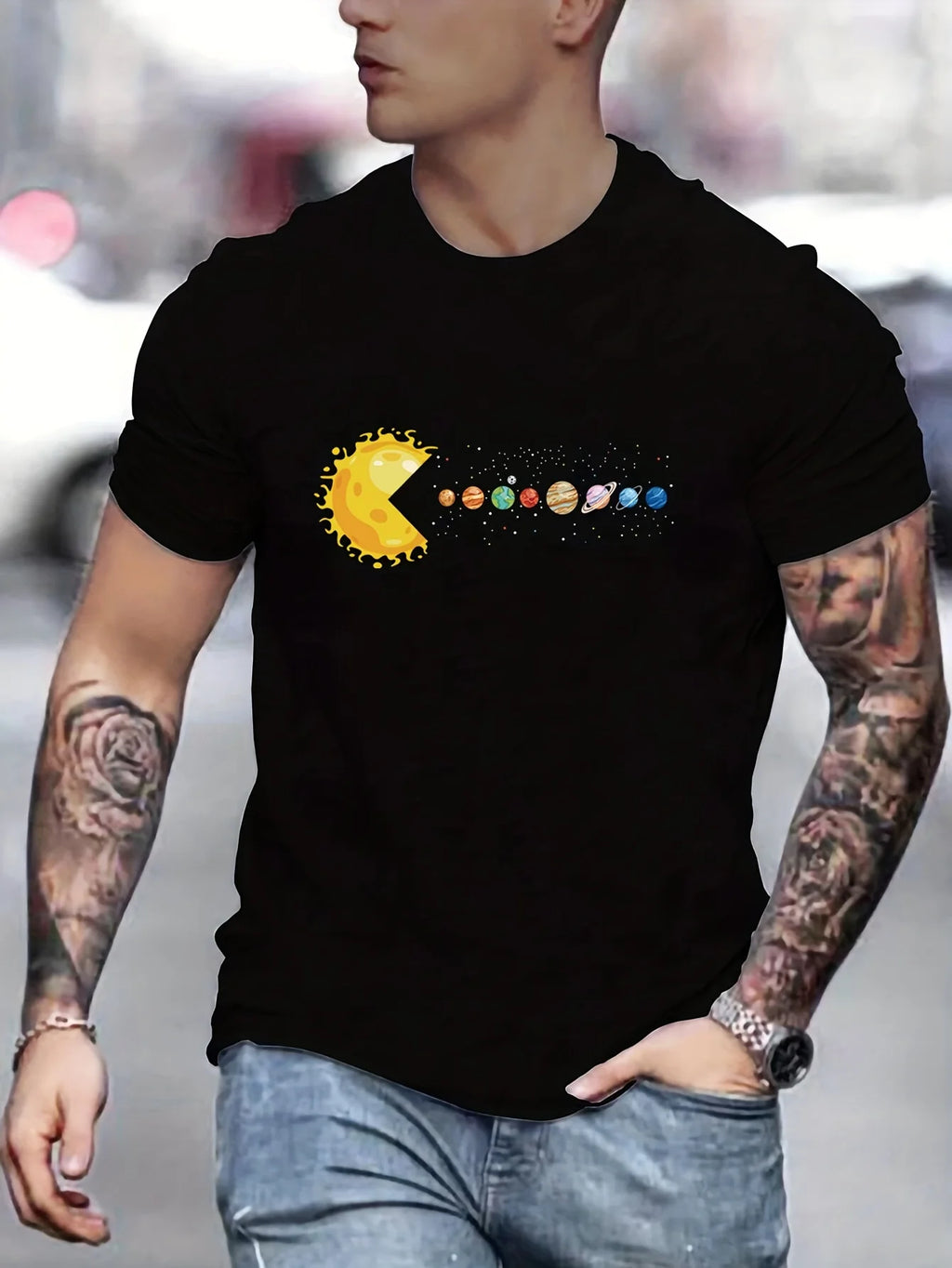 Men's 100% Pure Cotton Summer Loose and Comfortable Casual Solar System Planets Printed Round Neck Short-Sleeved T-Shirt Top